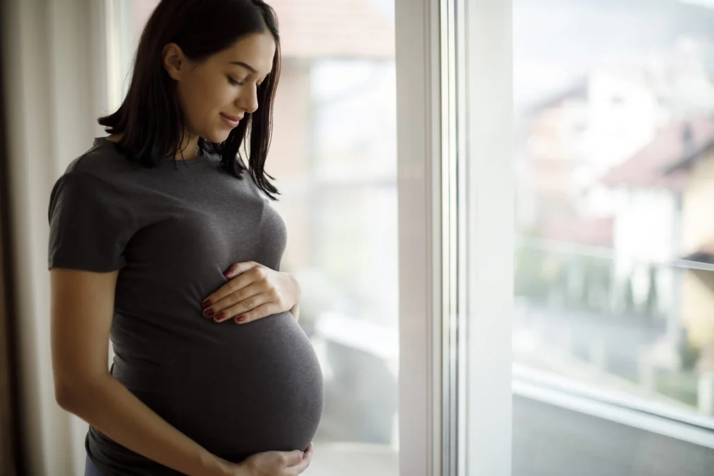 pregnant woman gently cradling her belly while looking out a window, with a serene expression